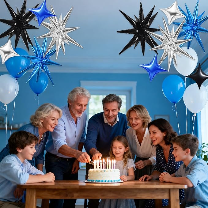 TONIFUL 22Inch 18Pcs Black Blue Silver Explosion Star Mylar Balloons and 10Inch Four Pointed Star Balloons Set for Christmas New Year Birthday Wedding Bridal Shower Anniversary Photo Booth Supplies