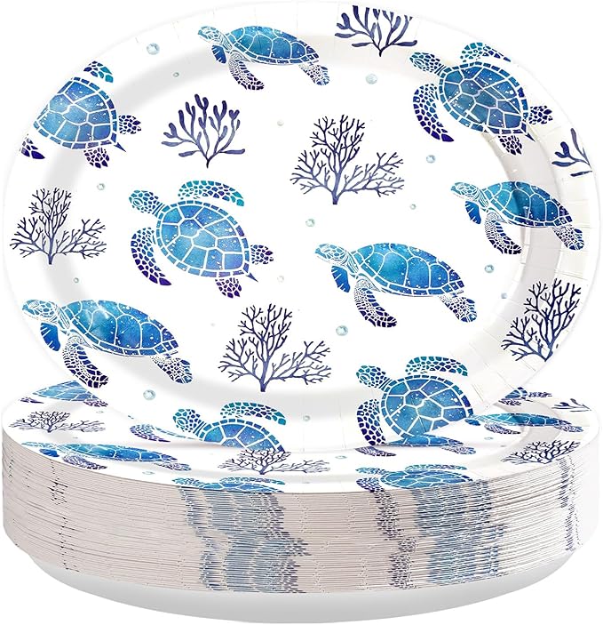 50 Pcs Sea Turtle Oval Paper Plates 10" x 12" Large Heavy Duty Disposable Blue Ocean Coastal Turtle Coral Dessert Plates Platters for Summer Beach Under the Sea Turtles Birthday Party Decorations ﻿