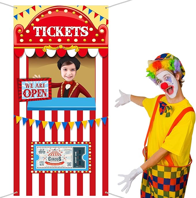 Carnival Circus Theme Party Decorations, Halloween Carnival Photo Door Banner Ticket Booth Backdrop Props, Large Photo Door Banner Door Hanging for Halloween Decorations Carnival Game Supplies