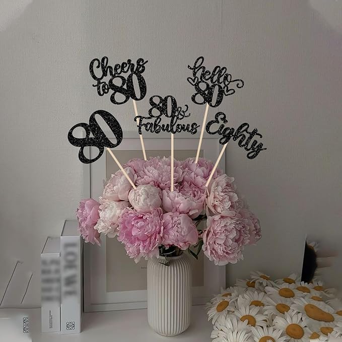 15PCS Happy 80th Birthday Centerpiece Sticks Hello 80 Cheers to 80 Birthday Table Flower Centerpieces Sticks Eighteen 80 Fabulous Floral Decorations for 80th Birthday Party Centerpieces Supplies Black