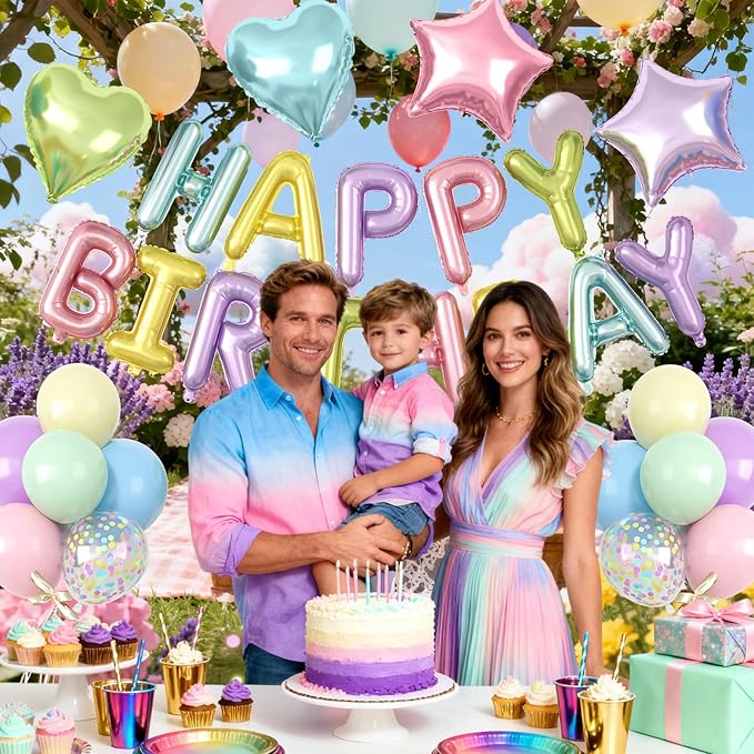 29PC Pastel Happy Birthday Balloon Banner, 16Inch 3D Aluminum Letter Banner Sign, Multicolor Pastel Balloons 18 Inch Star Heart Star Foil Balloon for Women, Men Party Supply
