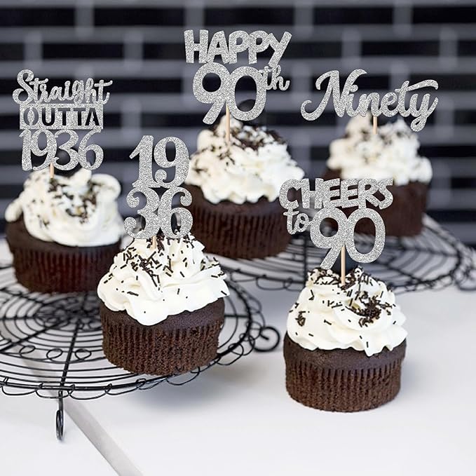 30PCS 95th Birthday Cupcake Toppers Glitter Nighty Five Happy 95 Straight Outta 1931 Cupcake Picks for Cheers to 95 Fabulous 95th Birthday Anniversary Party Cake Decorations Supplies Silver
