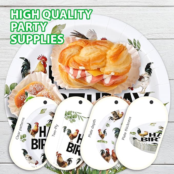 96Pcs Chicken Birthday Party Supplies Rooster Plates and Napkins Rooster Rustic Farmhouse Country Tableware Set for Girl Boy Chicken Farm Animal Birthday Theme Party Supplies，Serves 24