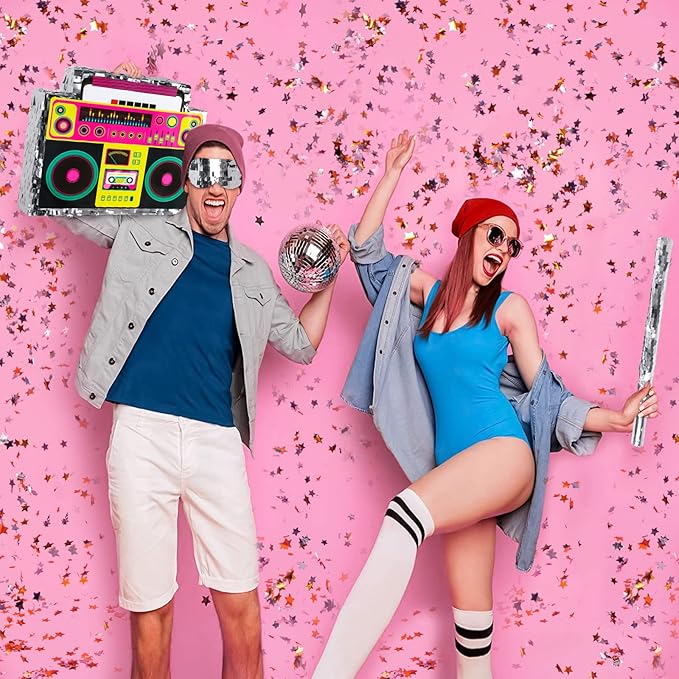Boombox Pinata with Stick & Hanging Loop Retro 90s Theme Radio Music Mexican Pinata for Birthday Party Games Back to the 80s Party Supplies for Kids & Adults