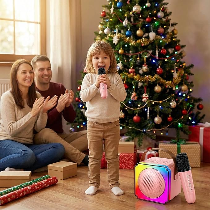 Karaoke Machine, Portable Speaker with Microphones, Birthday Family Party Gifts for Kids Girls Boys 3 4 5 Year Old