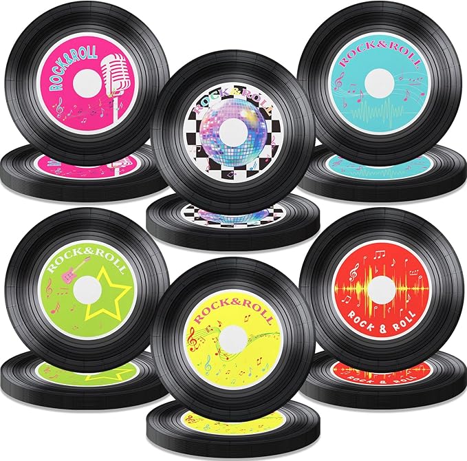 60 Pcs Rock Record CD Plates - 9 inch 1950's Retro Record Disco Plates for Rock Music Birthday Supplies Disco Birthday Party Decorations