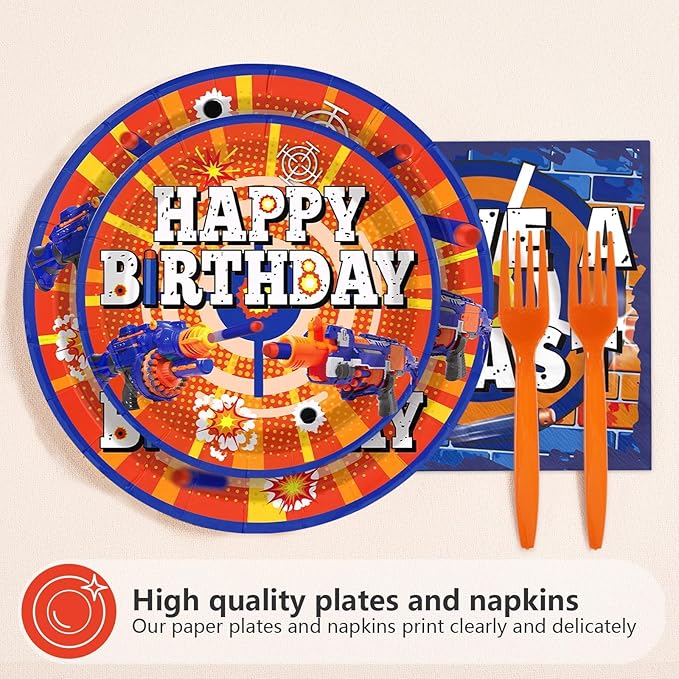 96Pcs Dart War 8th Birthday Party Supplies Dart War 8th Birthday Theme Plates and Napkins Blue and Orange Tableware Set for Boys' 8 Years Old Birthday Party Decoration Serves 24