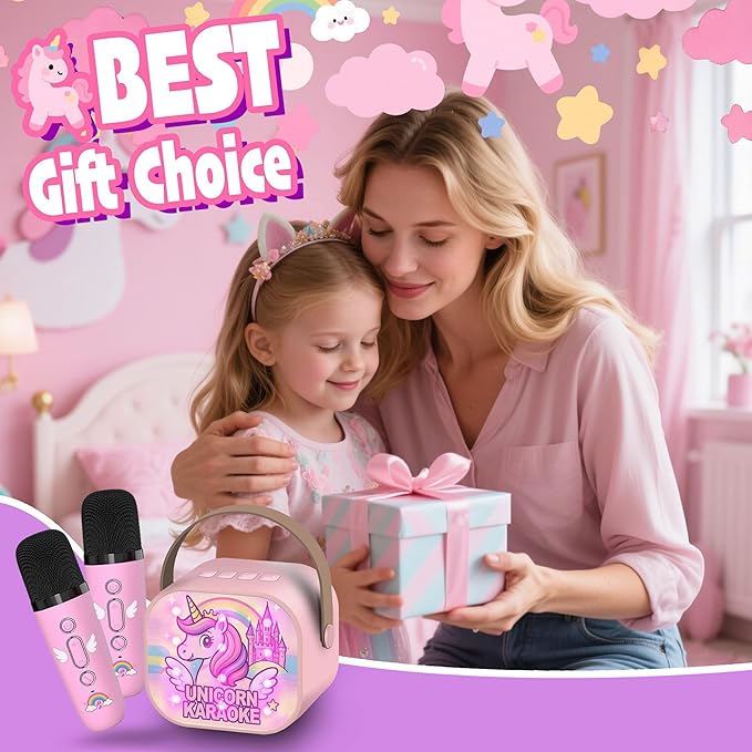 Unicorn Toys for Girls Age 4-6 Mini Karaoke Machine for Girls Unicorn Birthday Decorations Toys 3 4 5 6 7 8 9 Year Old Girl Birthday Gifts with 2 Wireless Microphones