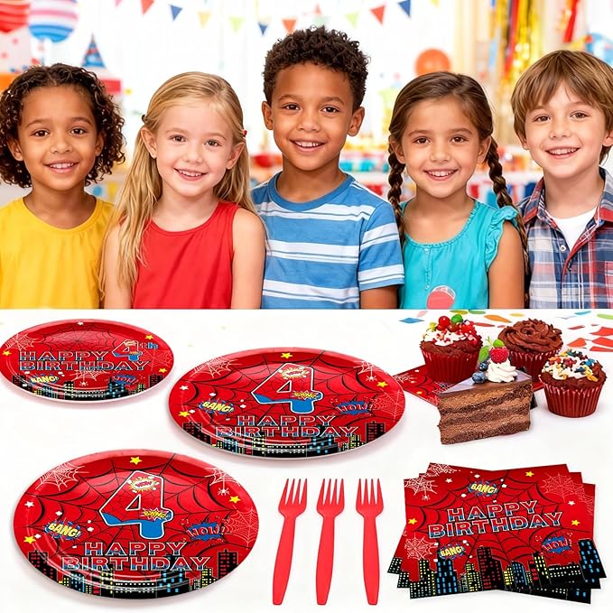 Red Spider 4th Birthday Party Supplies, Spider Web Birthday Plates Set Include Paper Plates, Napkins, Forks for Spider Themed Party Favors