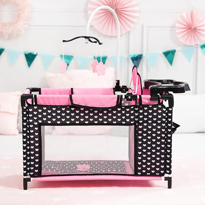 Bayer: Multi Bed - Black, Pink, Hearts - Accessory Set for Dolls Up to 18", Built-in High Chair, 3 Hangers, Pillow, Blanket, Kids Ages 3+