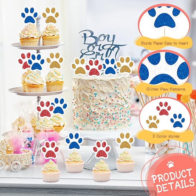 36 Pcs Paw Cupcake Toppers Glitter Dog Paw Cake Decorations 3 Colors Glitter Puppy Cupcake Toppers for Baby Shower Boys Girls Birthday Party Cake Supplies (Red Yellow and Blue)