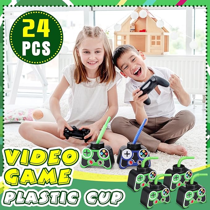 Mifoci 24 Pcs Plastic Video Game Party Cups with Straw and Lid 10oz Gamer Birthday Themed Drink Cups 7th Video Game Party Favors for Kids Toddlers Gamer Birthday Supplies (Green)
