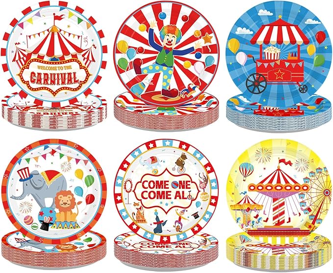 60Pcs Circus Paper Plates 9" Heavy Duty Disposable Carnival Circus Dessert Plates Circus Theme Party Decoration for Kids Boys Girls Birthday Baby Shower Festive Party Supplies