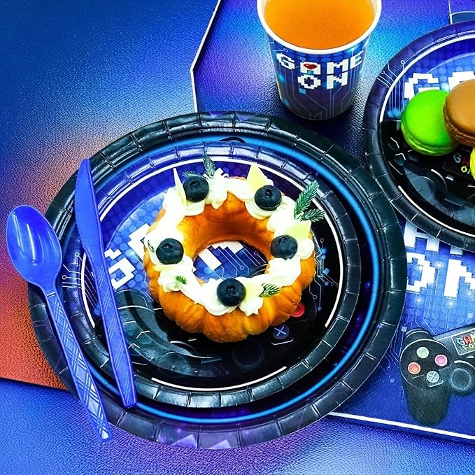 175 Pcs Video Game Party Supplies Set Paper Plates Napkins Cups Forks Knives and spoons serve for 25 Guests Game Birthday Party
