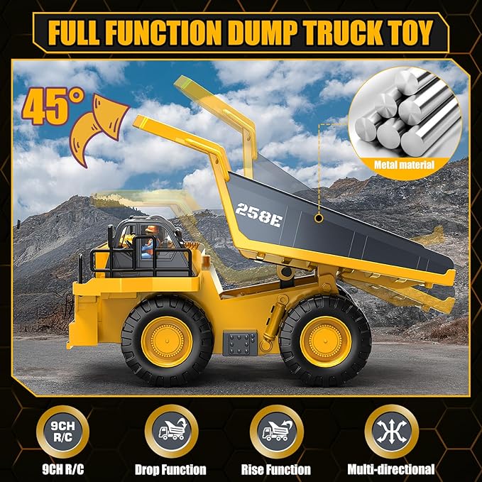 RC Dump Truck Toy for Boys, Remote Control Play Truck Construction Vehicles, 9CH 2.4Ghz Electric Trucks with Metal Bed & Light, 2 Rechargeable Batteries RC Car Toys Kids 3-12 Year Old Birthday Gifts