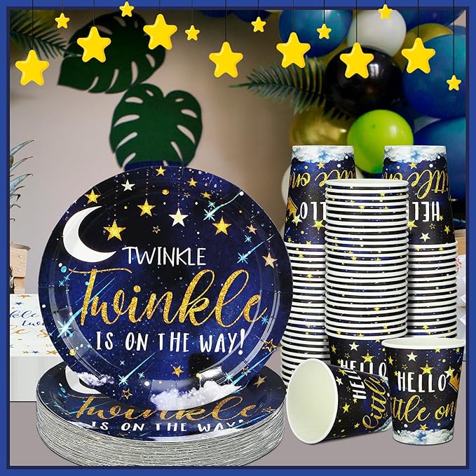 200 Pcs Twinkle Twinkle Little Star Baby Shower Paper Plates Napkins Cups Baby Shower Party Supplies Tableware Set Navy Blue Disposable Cup Napkin for 50 Guest Girls Spring Party Decoration