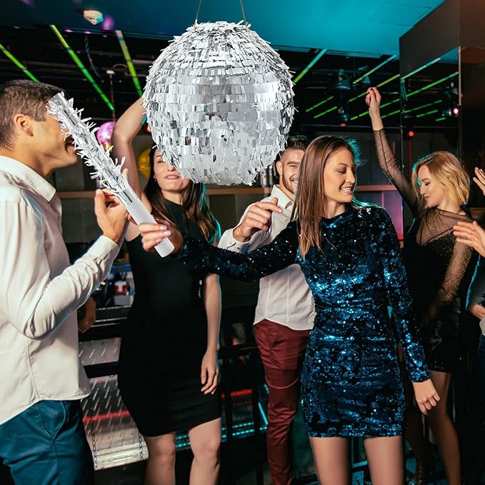 Lewtemi 11.8 Inch Silver Disco Ball Piñata with 1 Piñata Bat 1 Blindfold 1 Bag of Confetti and 20 Small Mirror Balls for Disco Themed Birthday Wedding Party Supplies