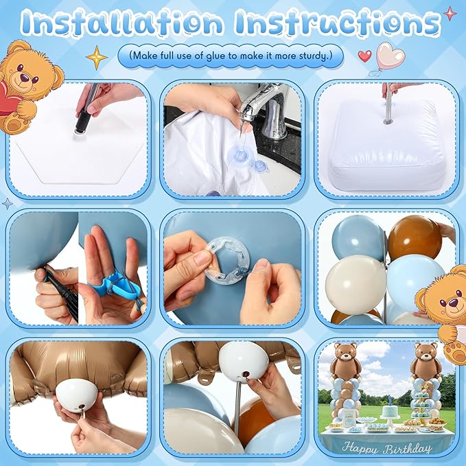 Kasyat 2 Set Bear Baby Shower Balloon Column Stand Kit Dusty Blue and Brown Balloon Arch Garland Kit, Bear Baby Shower Decorations Backdrop for Gender Reveal Birthday Party Supplies
