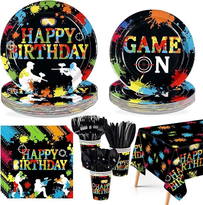 170Pcs Paintball Birthday Party Decorations Colorful Splash Shooting Game Themed Plates Napkins Cups Forks Knives Spoons Tablecloths for Kids Boy Birthday Baby Shower Holiday Party Supplies Serves 24
