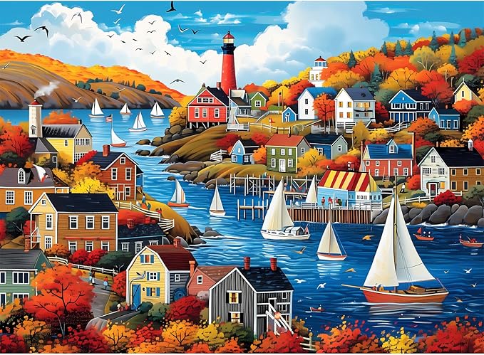 300 Pieces Puzzle for Adults | Town in Autumn Puzzle | Recycled Cardboard Large Piece Jigsaw Puzzles 300 Pieces | Challenging Game Home Decor Birthday Party Gift Toy for Adults Kids Seniors 20.5*15 in