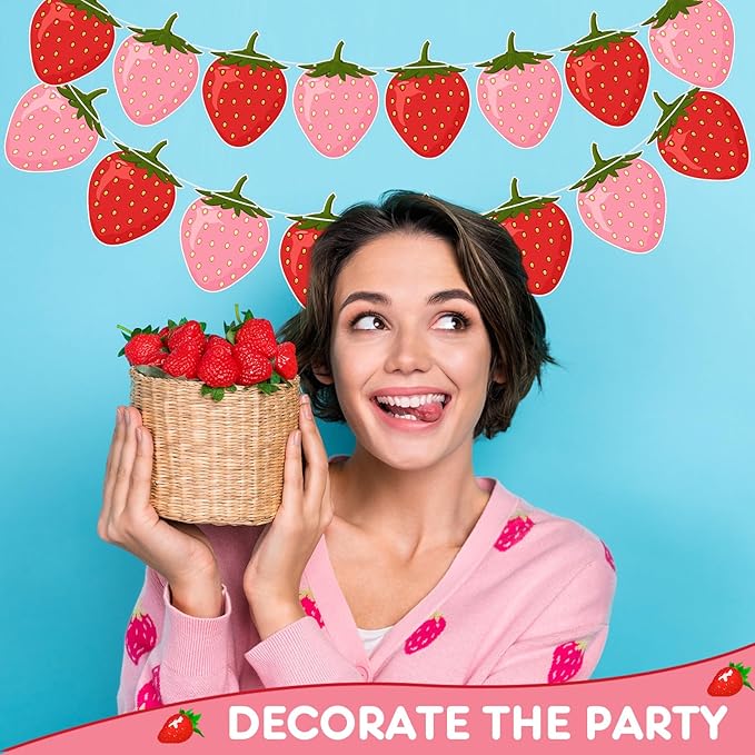 Lewtemi 4 Packs Strawberry Garland Decoration, Strawberry Party Supplies for Berry First Birthday, Baby Shower, Summer Picnic, Fruit Theme Party, Hanging Banner for Wall, Table, Photo Booth(Red, Pink)