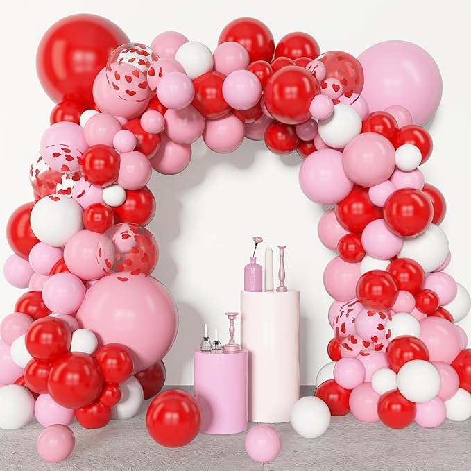 Amandir 153pcs Red Pink Balloon Arch Garland Kit, Different Sizes 18 12 10 5inch Red Pink White Latex Heart Confetti Valentines Balloons for Birthday Proposal Wedding Galentines Day Party Decorations