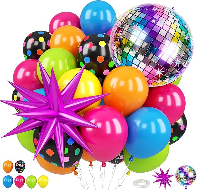 Neon Balloons, 80s 90s Disco Hot Pink Blue Green Orange Yellow Neon Dot Balloons with Star and Disco Ball Foil Balloons for 80s 90s Rock Theme Diso Party Decorations