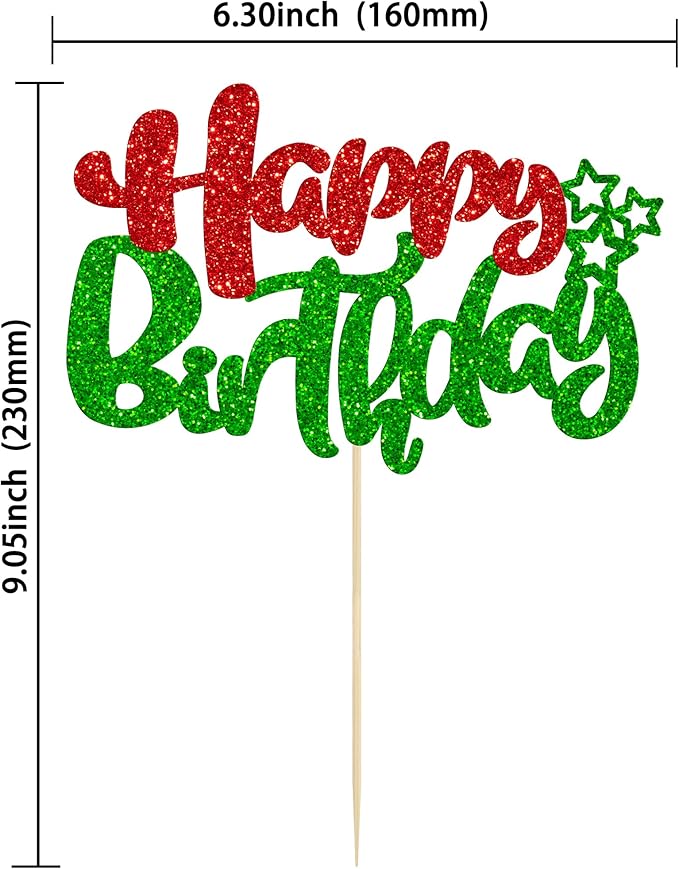 Ephlyn 1Pcs Happy Birthday Cake Topper Glitter Happy Birthday Cake Pick for Christmas Theme Baby Shower Anniversary Party Decorations Supplies Red Green