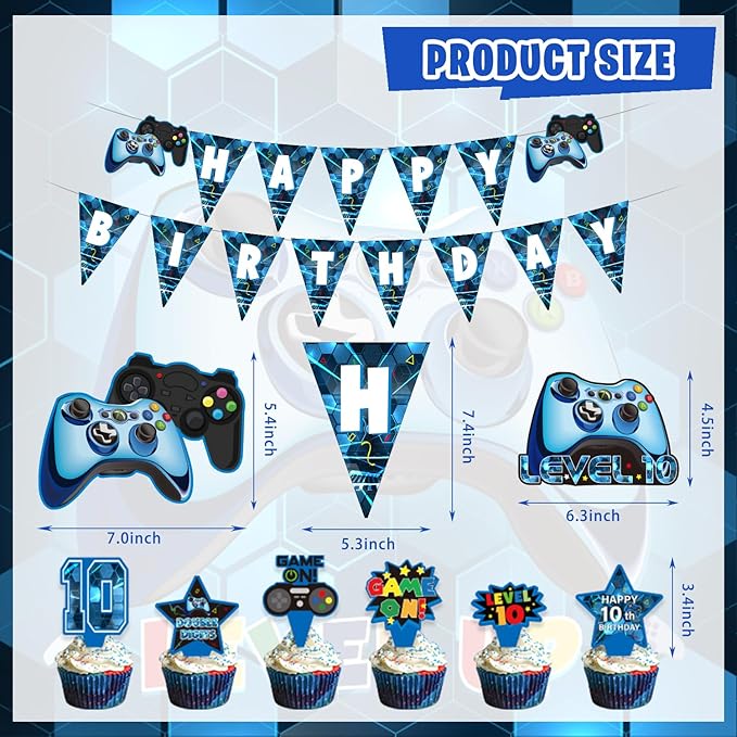 10th Birthday Decorations for Boys, 149Pcs Blue Video Game level 10 Party Supplies for Boy 10th Birthday - Backdrop, Banner, Balloons, Tablecloth, Centerpieces, Hanging Swirls, Wall Signs