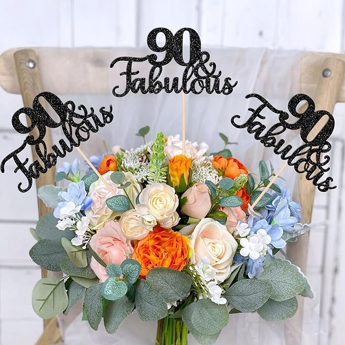 12 PCS 90 and Fabulous Centerpiece Sticks Double Sided Happy 90th Birthday Table Flower Centerpieces Sticks Cheers to 90 Floral Decorations for 90th Birthday Anniversary Party Supplies Black