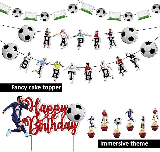 Soccer Football Theme Birthday Party Supplies – Sports Inspired Party Decoration Set for Birthday Celebrations and Themed Events, Decorative Table Styling Items for Dessert Displays.