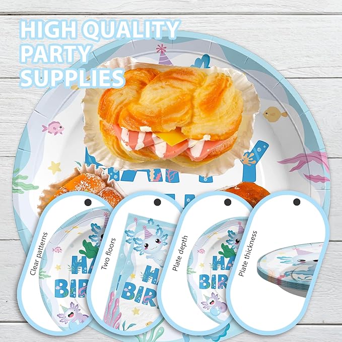 Grencian 96 Pcs Axolotl Birthday Party Supplies Blue Cartoon Axolotl Plates and Napkins Disposable Reptile Animals Tableware Set Axolotl Party Decorations Favors for Kids Boy Baby Shower Serves 24
