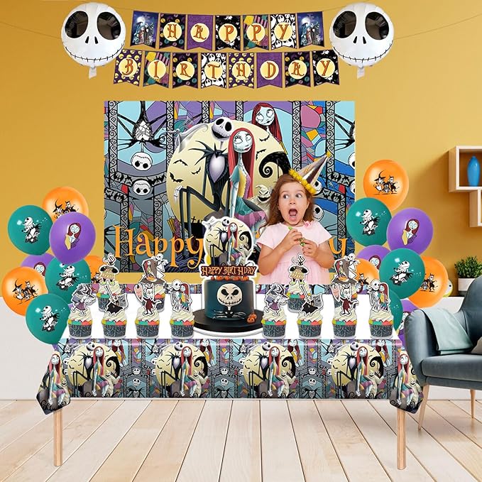Birthday Decorations, Nightmare Christmas Party Supplies Halloween Birthday Party Decorations Set Includes Banner Balloons Tablecloth Backdrop Hanging Swirls Cake Toppers