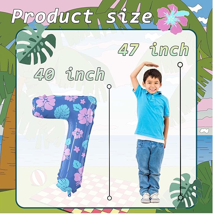 40 Inch Number 7 Balloon Leaf and Flower Birthday，7th Birthday Decorations for Kids' Parties Hawaii Party Supplies Favor Pink and Blue