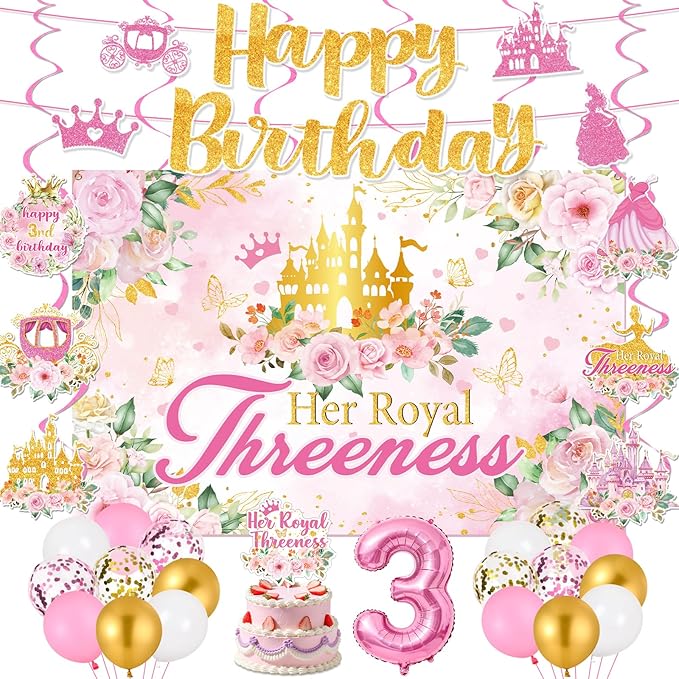 Princess 3rd Birthday Party Decorations, Her Royal Threeness Birthday Banner Pink Princess Backdrop Banner Hanging Swirls Balloons Cake Topper for 3 Years Old Girl Bday Party Supplies