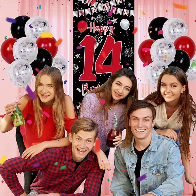 14th Birthday Decorations for Boys Girls, Happy 14th Birthday Decorations Boy, Red Black 14 Year Old Birthday Door Banner Sign, Triangle Flag, Large 14 Balloons Decor for 14 Bday Party Supplies