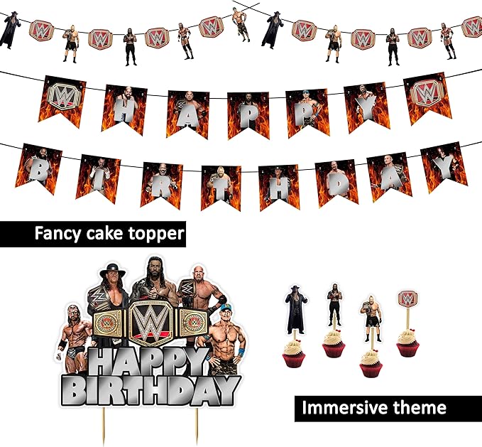 WWWE Theme Birthday Party Supplies – Wrestling Birthday Decorations for Boys Party Pack, Wrestler Cake Toppers, Banners & Garland - Birthdays Decoration Set.