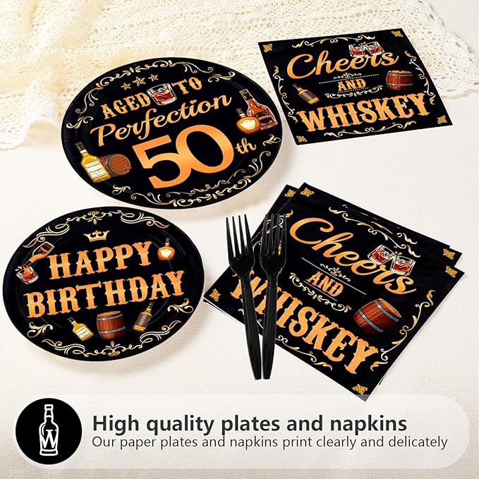 96 Pcs Whiskey 50th Birthday Party Supplies Aged To Perfection 50th Plates and Napkins Disposable Cheers and Whiskey Tableware Set for Men Vintage 50 Years Old Birthday Party Decorations Serves 24