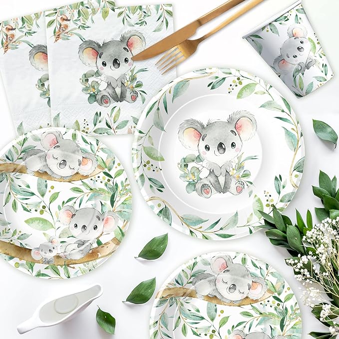 APOWBLS Koala Birthday Party Supplies - Safari Jungle Animal Australian Koala Theme Baby Shower Birthday Decorations Tableware, Paper Plates, Napkins, Tablecloth, Forks | Serves 24