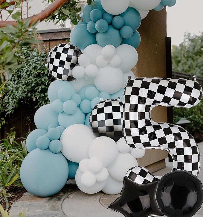 40 Inch Checkered Number Balloon 5 Black and White Race Car Birthday Balloons Baby Hippie Smile Party Shower Boys 5th Birthday Race Car Theme Party Decor Supplies 5 Pcs