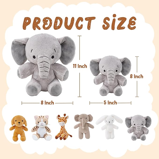 6 Pcs Stuffed Animals Bulk, 11 Inch Small Stuffed Safari Animals, Zoo Stuffed Animals Set (Cat Dog Elephants Giraffe Bunny) Baby Shower Party Decor, Easter Gift for Classroom Kids, Teens, Girls