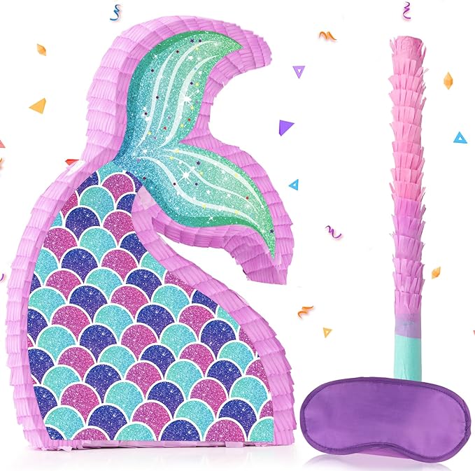Hooqict Mermaid Tail Pinata with Pinata Stick & Blindfold for Girls Mermaid Party Games Decorations Under the Sea Ocean Themed Birthday Party Supplies