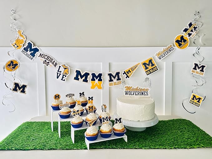 Michigan Party Supplies for Football, Birthday Gift, U of M Graduation Party Banner and Cake Toppers (42 Pieces) (Michigan Wolverines)