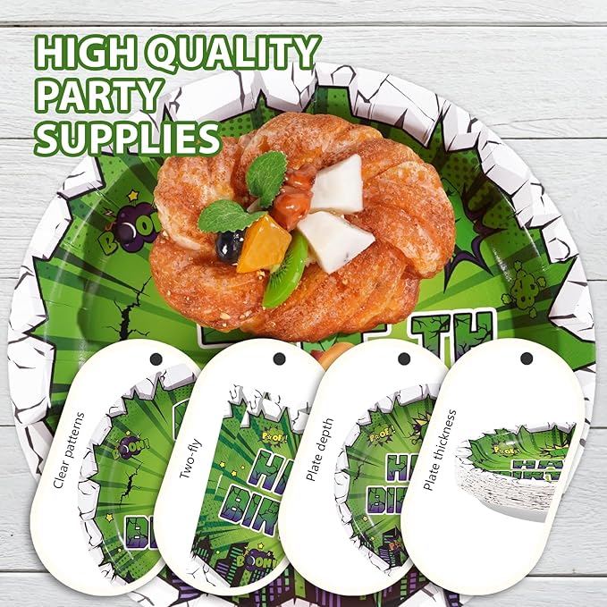 96Pcs Green Hero 3rd Birthday Party Supplies Super Green Hero 3rd Birthday Plates and Napkins Cityscape Super Bang Cartoon Movie Tableware Set for Kid 3 Year Old Party Supplies，Serves 24
