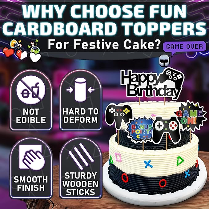 13 Pcs Gamer Cake Topper - Sturdy Cardboard Gamer Cake Decorations with Detailed Gamepads, Video Game Cake Topper Easy & Firm Installation Sticks - Splashy Video Game Decorations for Boys & Girls