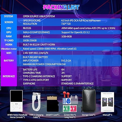 UYTGXEN XF40V Retro Handheld Game Console with 2*Detachable Long Joysticks, 4.0-Inch HD IPS Screen Retro Gaming Console, Preloaded Classic Games with Multiple Emulator, Pocket Video Gaming