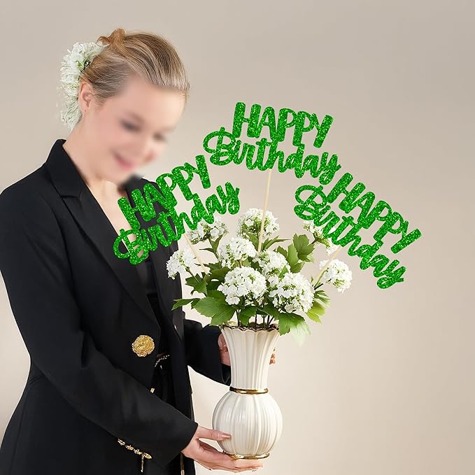 Gyufise 12Pcs Happy Birthday Centerpieces Sticks Double Sided Glitter Birthday Party Decorations Anniversary Table Flower Centerpiece for Celebrating Party Supplies Green