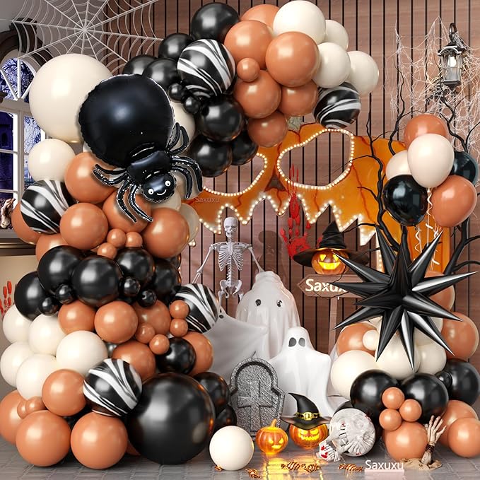 Halloween Balloon Arch Garland Kit, Black Retro Orange White Black Marble Balloons with Spider Star Foil Balloons for Halloween Baby Shower Party Decorations Cosplay Theme Party