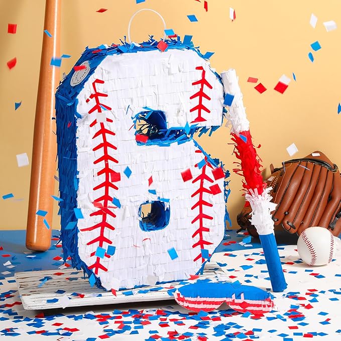 HyDren Baseball Piñata Baseball Party Decorations Number Piñata with Bat, Blindfold and Confetti, 16 Inch Sports Themed Birthday Party Supplies for Celebration Events(Number 6)