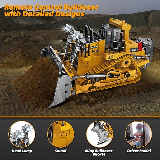 Rc Bulldozer Toys - Remote Control Bulldozer Construction Vehicles Trucks for Boys Kids Age 7 8-12 - Metal Remote Control Electric Tractor Loader Toys with Light and Sound - Birthday Gift